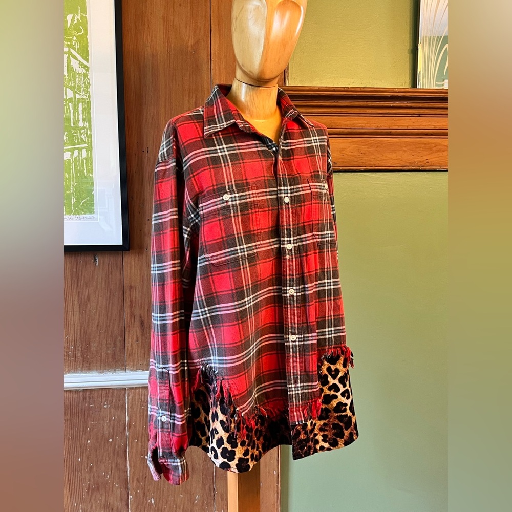 R13 distressed red plaid flannel button up shirt with leopard M